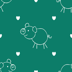 Seamless vector pattern with pig sketch on teal blue background. Simple cute animal wallpaper design. Decorative romantic piglet fashion textile.