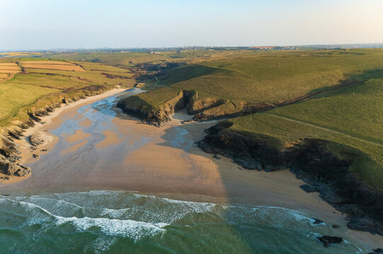 Aerial view of Poly Joke beach, Cornwall, United Kingdom.