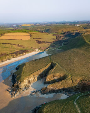 Aerial view of Poly Joke beach, Cornwall, United Kingdom.