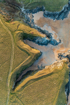 Aerial view of Poly Joke beach, Cornwall, United Kingdom.