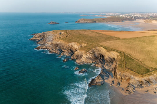 Aerial view of Poly Joke beach, Cornwall, United Kingdom.