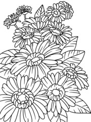 Gerbera fresh flower bouquet, mixed gerbera flowers. Raster illustration, coloring book.