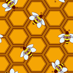 Seamless vector pattern with working bee and honeycomb on brown background. Simple hand drawn bumblebee wallpaper design. Decorative insect fashion textile.
