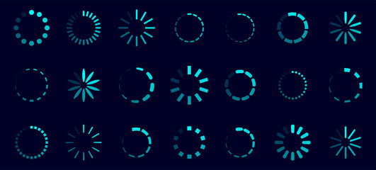 Set of loading different formy on blue background. Vector illustration of circles download or upload status website, waiting symbol in flat style.