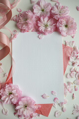 postcard mockup. frame of pink sakura flowers and white blank for text. wedding card. invitation