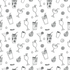 Cocktails seamless pattern vector illustration, hand drawing doodles - obrazy, fototapety, plakaty