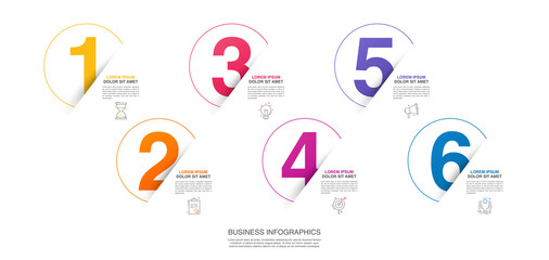 Modern vector flat illustration. Circle line infographic numbers template with six elements, icons. Timeline designed for business, presentations, web design, interface, diagrams with 6 steps