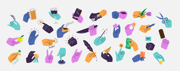 Set of colorful hands holding various stuff. Different operations and gestures. Hand drawn vector
