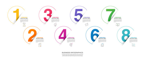 Modern vector flat illustration. Circle line infographic numbers template with eight elements, icons. Timeline designed for business, presentations, web design, interface, diagrams with 8 steps