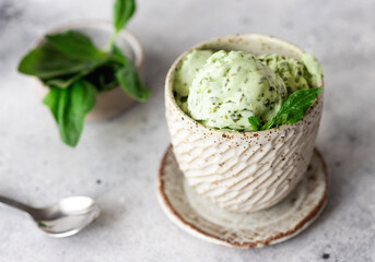 green spinach coconut ice cream in ceramic bowl on gray background. Clean eating, vegan food. top...