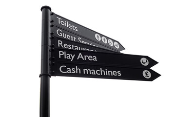 Wayfinder multidirectional sign post. Toilets, Guest Services, Restaurant, Play Area, Cash Machines.