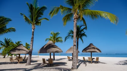 Tableaux ronds sur aluminium Le Morne, Maurice Le Morne beach Mauritius Tropical beach with palm trees and white sand blue ocean and beach beds with umbrellas, sun chairs, and parasols under a palm tree at a tropical beach. Mauritius Le Morne