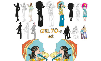 Collection of stylish young women dressed in trendy clothes in the style of the 70's.People fashion 70 s.Retro in the style of the 70's.
Set of fashionable casual and formal outfits.Vector art