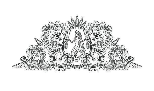 Vector vintage vignettes with floral swirls, mermaid and seashells, antique nautical decorative element as black outline isolated on white