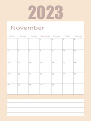 2023 November illustration vector desk calendar weeks start on Monday in light green and white theme