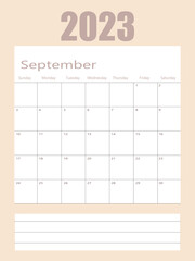 September 2023 planner calendar vector illustration, simple and clean design.