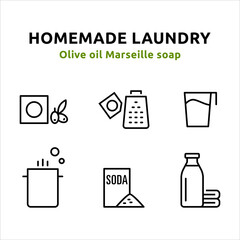 6 icons which stand for the steps for making homemade laundry. Icons designed in line art style can be used for web and print