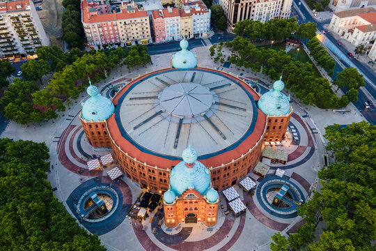 Aerial view of Campo Pequeno bullfight old building in Lisbon city center, Lisbon, Portugal.