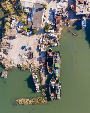Aerial view of a shipyard along the lagoon in Amora, Setubal, Portugal.