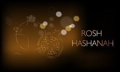 Happy Rosh Hashanah Jewish text "Shana Tova" Jewish New Year holiday. Torah, Honey and Apple, Shofar, Pomegranate. Gold