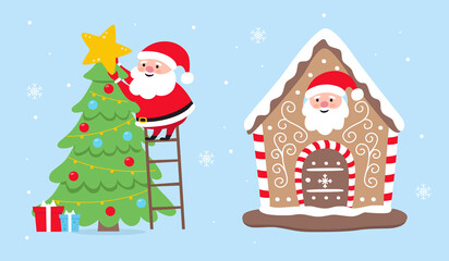 Santa claus decorates the christmas tree and in gingerbread house.