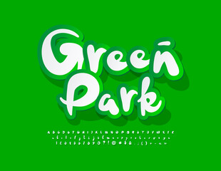 Vector creative emblem Green Park with paper style Font. Handwritten sticker Alphabet Letters, Numbers and Symbols set