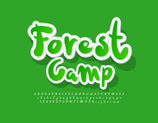 Vector green poster Forest Camp with handwritten sticker Font. Artistic style Alphabet Letters, Numbers and Symbols set