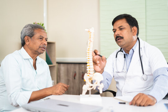 doctor explaining to senior patient abour back pain using spinal model at hospital - concept of consultation and counseling
