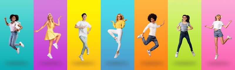Joyful multiracial people jumping up on colorful backgrounds, collection