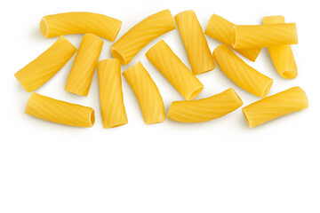 raw italian Rigatoni pasta isolated on white background with clipping path and full depth of field. Top view with copy space for your text. Flat lay