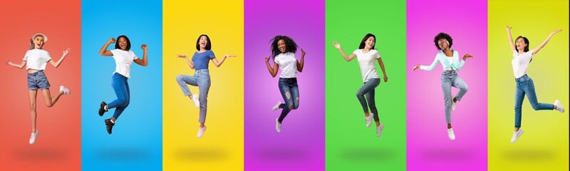 Joyful young ladies jumping up on colorful backgrounds, collage