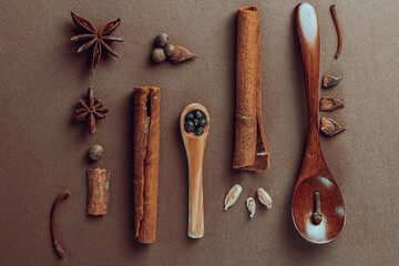 Brown spices, cinnamon, cloves, star anise.