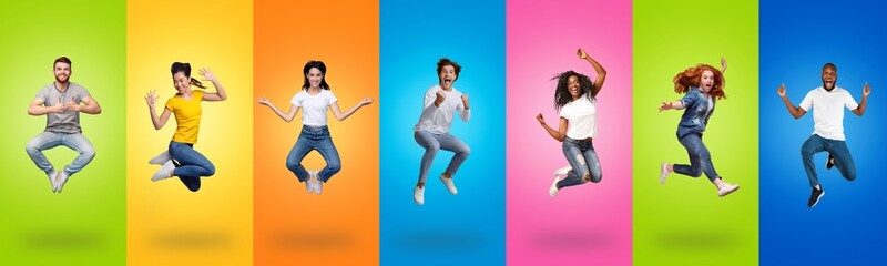Joyful multiracial people jumping up on colorful backgrounds, collage set