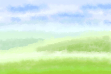 Fototapeta na wymiar Watercolor background of blue sky with white clouds and bright sunny green grass