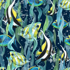 Watercolor illustration of tropical fish in algae with splashes. Seamless pattern on a dark blue background. For design, fabrics, textiles, clothing, prints, wallpaper, scrap paper. © NATASHA-CHU