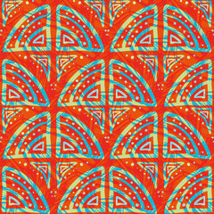 Batik paint style scallop damask pattern. Naive doodle dome shapes in folk azulejo style on watercolor canvas texture.c Cloth print effect blended design. Color pop neon geometric all over print.