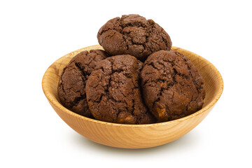 chocolate cookies in wooden bowl isolated on white background with clipping path and full depth of field