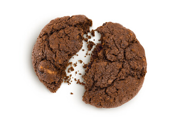 chocolate cookies broken isolated on white background with clipping path and full depth of field. Top view. Flat lay