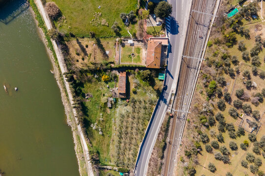 Aerial view of a railway along the Arno river in Florence, Tuscany, Italy.