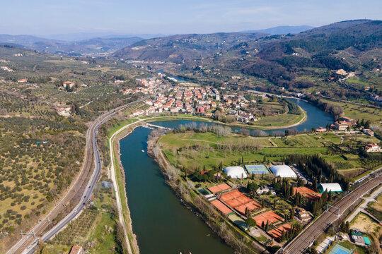 Aerial view of Fiesole along Arno river in Florence, Tuscany, Italy.