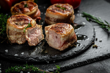 Premium Beef Steak. portion of juicy beef tenderloin steak covered bacon on dark concrete background with spices. Ketogenic diet food, top view