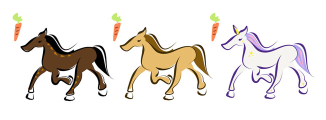 Running Walking Brown Horse and Unicorn with Carrots in Simple and Free Line Illustration Style