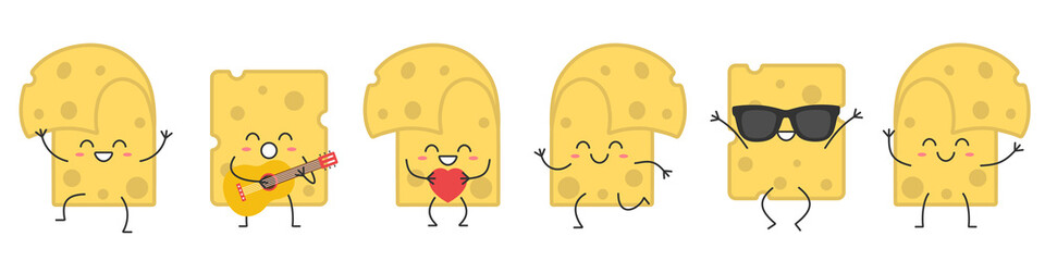 Set cheese cute character cartoon food snack greeting jumping loves sings running smiling face happy joy emotions vector illustration.