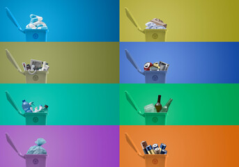 Set of garbage bins with different types of waste