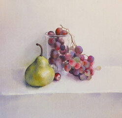 Watercolor still life pear and grapes - 502384728