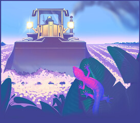 Lizard watches approaching bulldozer about to destroy habitat.