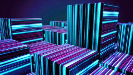 Cubes in neon lines. Abstract bright neon cubes. Abstract animation with moving cubic figures in space on dark background