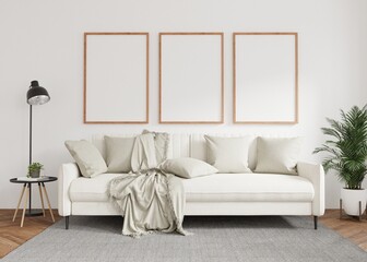 Three empty photo frame for mockup in living room. 3D rendering..