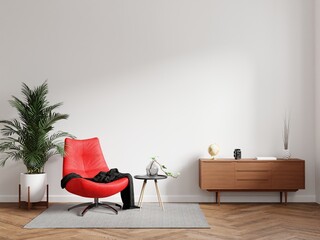 Red chair in white living room with copy space.