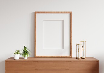 Empty photo frame for mockup in empty white room. 3D rendering.